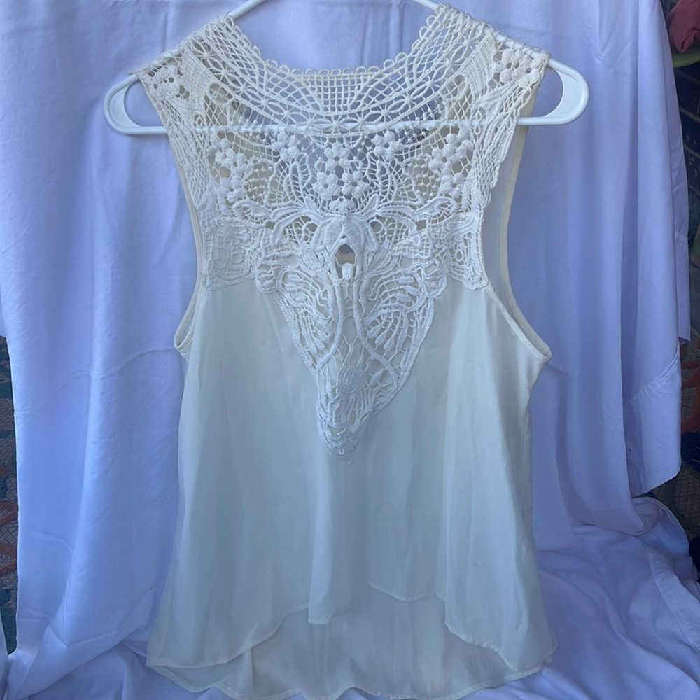 Cream rayon and crocheted summer high/low blouse